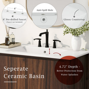 English Elm Christopher Knight Home® - 36" Modern Wall-Mounted Bathroom Vanity with Ceramic Sink, Soft-Close Doors, Fluted Accent & Open Shelves Antique brown N817P245321B