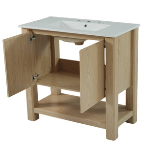 English Elm Christopher Knight Home® - 36" Modern Wall-Mounted Bathroom Vanity with Ceramic Sink, Soft-Close Doors, Fluted Accent & Open Shelves Antique Natural N817P245321N