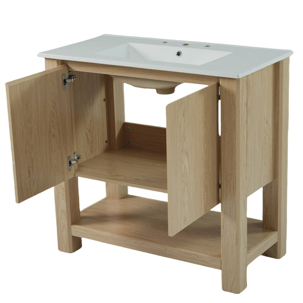 English Elm Christopher Knight Home® - 36" Modern Wall-Mounted Bathroom Vanity with Ceramic Sink, Soft-Close Doors, Fluted Accent & Open Shelves Antique Natural N817P245321N