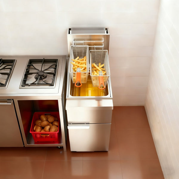 English Elm Commercial Natural Gas Floor Fryer 120000 Btu Stainless Steel with Casters W5057P394296