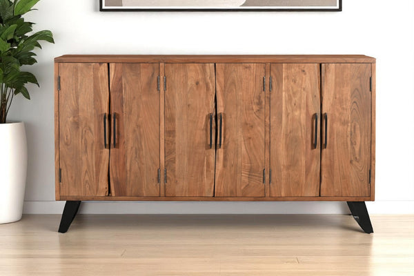 HomeRoots 69" Brown Solid Wood Live Edge Sideboard - Rustic Modern Buffet Cabinet with Six Doors & Storage Space 634312