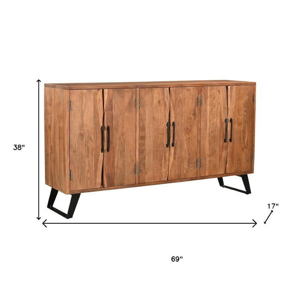 HomeRoots 69" Brown Solid Wood Live Edge Sideboard - Rustic Modern Buffet Cabinet with Six Doors & Storage Space 634312