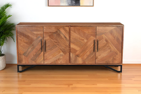 HomeRoots 82" Brown Solid Wood Carved Geometric Sideboard - Stylish Storage with Modern Touch for Any Space 634313