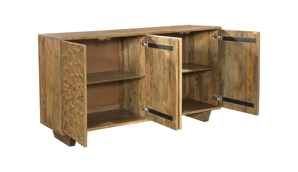 HomeRoots 70" Brown Distressed Solid Wood Sideboard with Floral Carvings - Stylish Storage for Any Room 634314