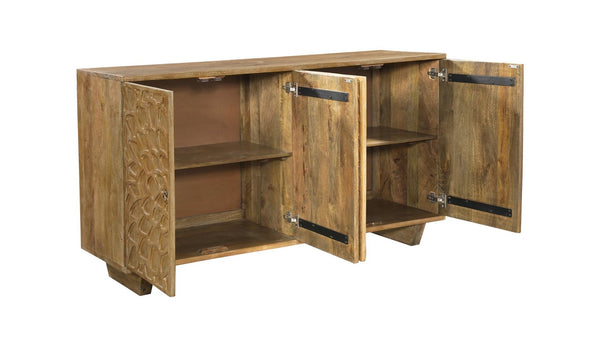 HomeRoots 70" Brown Distressed Solid Wood Sideboard with Floral Carvings - Stylish Storage for Any Room 634314