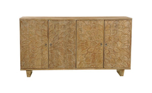 HomeRoots 70" Brown Distressed Solid Wood Sideboard with Floral Carvings - Stylish Storage for Any Room 634314