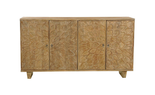 HomeRoots 70" Brown Distressed Solid Wood Sideboard with Floral Carvings - Stylish Storage for Any Room 634314