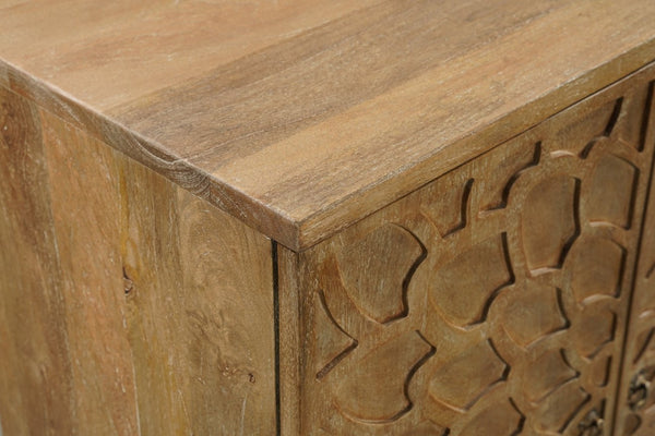 HomeRoots 70" Brown Distressed Solid Wood Sideboard with Floral Carvings - Stylish Storage for Any Room 634314