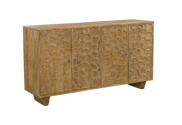 HomeRoots 70" Brown Distressed Solid Wood Sideboard with Floral Carvings - Stylish Storage for Any Room 634314