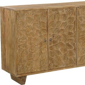 HomeRoots 70" Brown Distressed Solid Wood Sideboard with Floral Carvings - Stylish Storage for Any Room 634314
