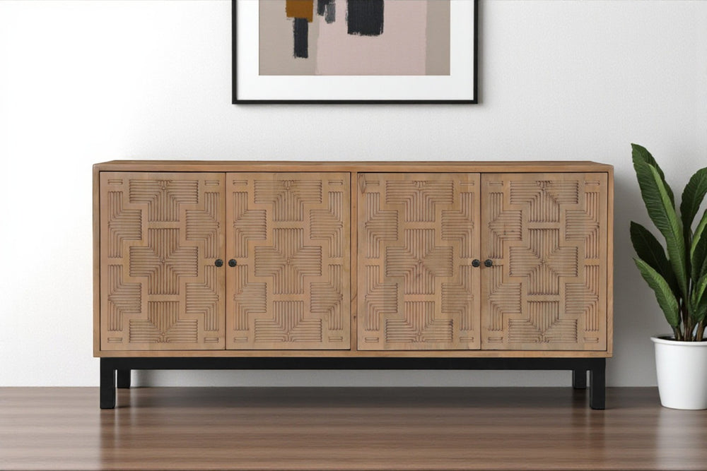 HomeRoots 80" Handcrafted Solid Wood Geometric Sideboard - Elegant Storage Solution for Any Room Decor 634315