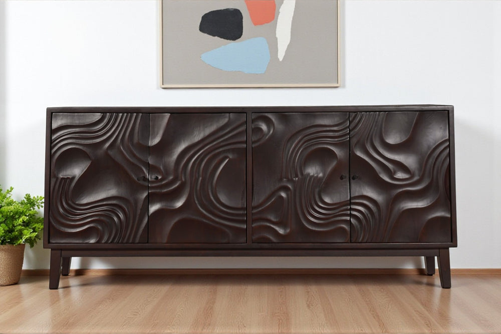 HomeRoots 80" Dark Brown Solid Wood Carved Abstract Sideboard - Elegant Storage & Art for Any Room Decor 634316