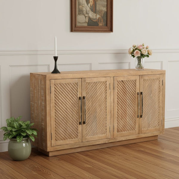 HomeRoots 72" Natural Distressed Solid Wood Sideboard – Hand-Carved Geometric Design with Ample Storage Space 634317