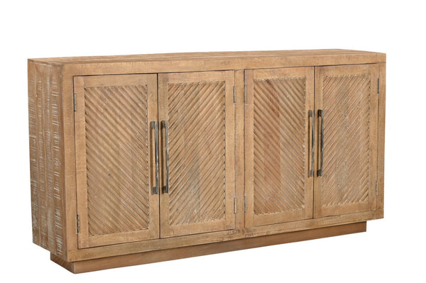 HomeRoots 72" Natural Distressed Solid Wood Sideboard – Hand-Carved Geometric Design with Ample Storage Space 634317