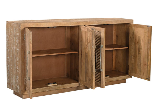 HomeRoots 72" Natural Distressed Solid Wood Sideboard – Hand-Carved Geometric Design with Ample Storage Space 634317