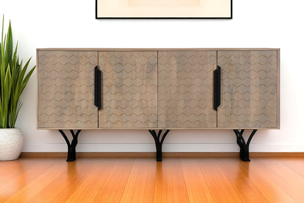 HomeRoots 84" Beige Solid Wood Sideboard with Carved Geometric Design - Stylish Storage for Any Room 634318