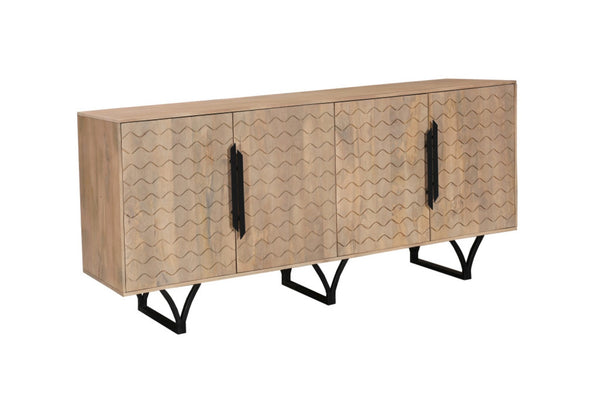 HomeRoots 84" Beige Solid Wood Sideboard with Carved Geometric Design - Stylish Storage for Any Room 634318