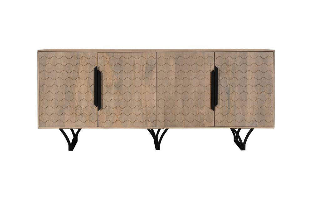 HomeRoots 84" Beige Solid Wood Sideboard with Carved Geometric Design - Stylish Storage for Any Room 634318