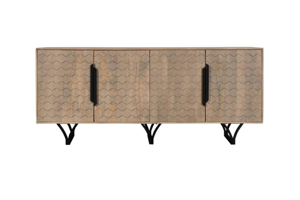 HomeRoots 84" Beige Solid Wood Sideboard with Carved Geometric Design - Stylish Storage for Any Room 634318