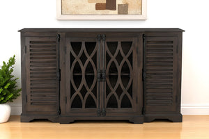 HomeRoots 70" Dark Brown Handcrafted Solid Wood Sideboard with Geometric Carvings & Versatile Storage Solutions 634319