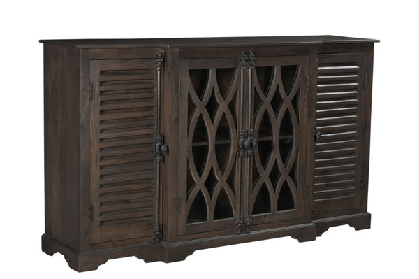 HomeRoots 70" Dark Brown Handcrafted Solid Wood Sideboard with Geometric Carvings & Versatile Storage Solutions 634319