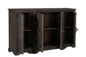 HomeRoots 70" Dark Brown Handcrafted Solid Wood Sideboard with Geometric Carvings & Versatile Storage Solutions 634319