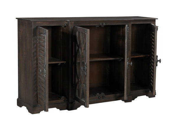 HomeRoots 70" Dark Brown Handcrafted Solid Wood Sideboard with Geometric Carvings & Versatile Storage Solutions 634319