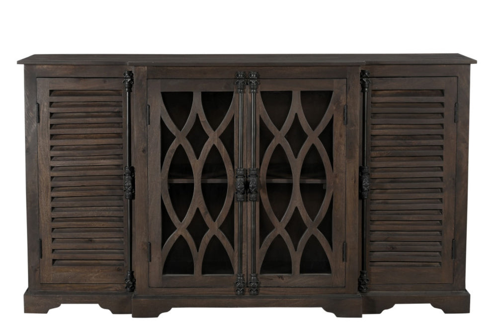 HomeRoots 70" Dark Brown Handcrafted Solid Wood Sideboard with Geometric Carvings & Versatile Storage Solutions 634319