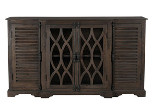 HomeRoots 70" Dark Brown Handcrafted Solid Wood Sideboard with Geometric Carvings & Versatile Storage Solutions 634319
