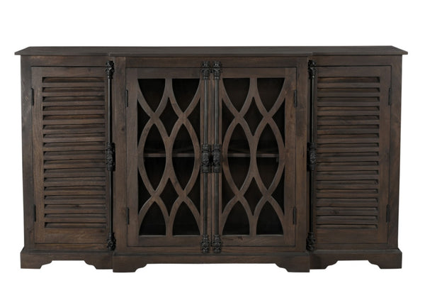 HomeRoots 70" Dark Brown Handcrafted Solid Wood Sideboard with Geometric Carvings & Versatile Storage Solutions 634319
