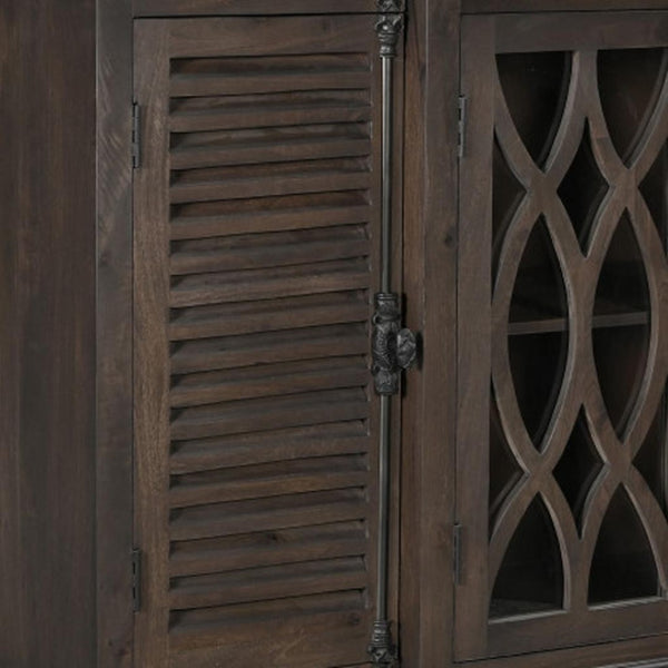 HomeRoots 70" Dark Brown Handcrafted Solid Wood Sideboard with Geometric Carvings & Versatile Storage Solutions 634319