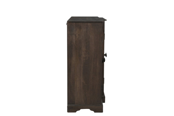 HomeRoots 70" Dark Brown Handcrafted Solid Wood Sideboard with Geometric Carvings & Versatile Storage Solutions 634319