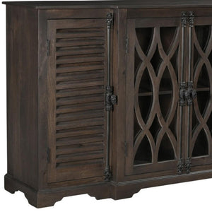 HomeRoots 70" Dark Brown Handcrafted Solid Wood Sideboard with Geometric Carvings & Versatile Storage Solutions 634319