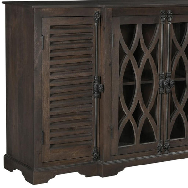 HomeRoots 70" Dark Brown Handcrafted Solid Wood Sideboard with Geometric Carvings & Versatile Storage Solutions 634319