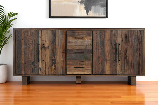 HomeRoots 83" Dark Brown Distressed Reclaimed Wood Sideboard - Rustic Console with Storage & Vintage Charm 634321