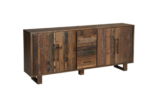 HomeRoots 83" Dark Brown Distressed Reclaimed Wood Sideboard - Rustic Console with Storage & Vintage Charm 634321