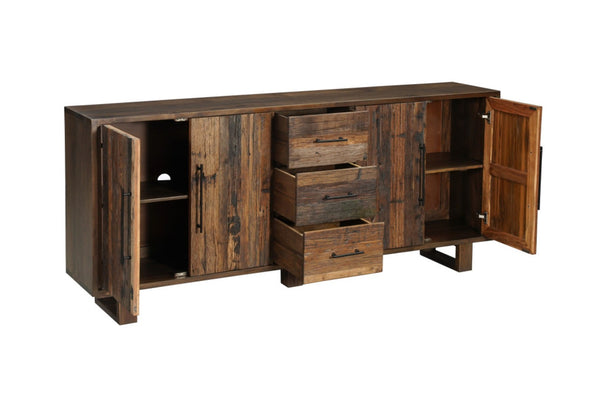 HomeRoots 83" Dark Brown Distressed Reclaimed Wood Sideboard - Rustic Console with Storage & Vintage Charm 634321