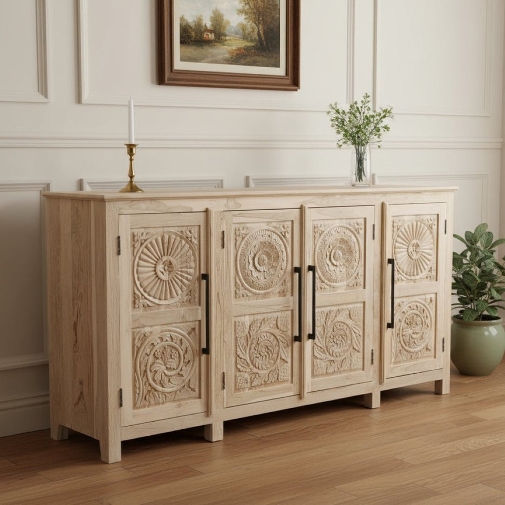 HomeRoots 74" Natural Distressed Solid Wood Sideboard with Hand-Carved Floral Doors for Timeless Elegance 634322