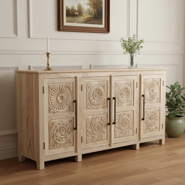 HomeRoots 74" Natural Distressed Solid Wood Sideboard with Hand-Carved Floral Doors for Timeless Elegance 634322