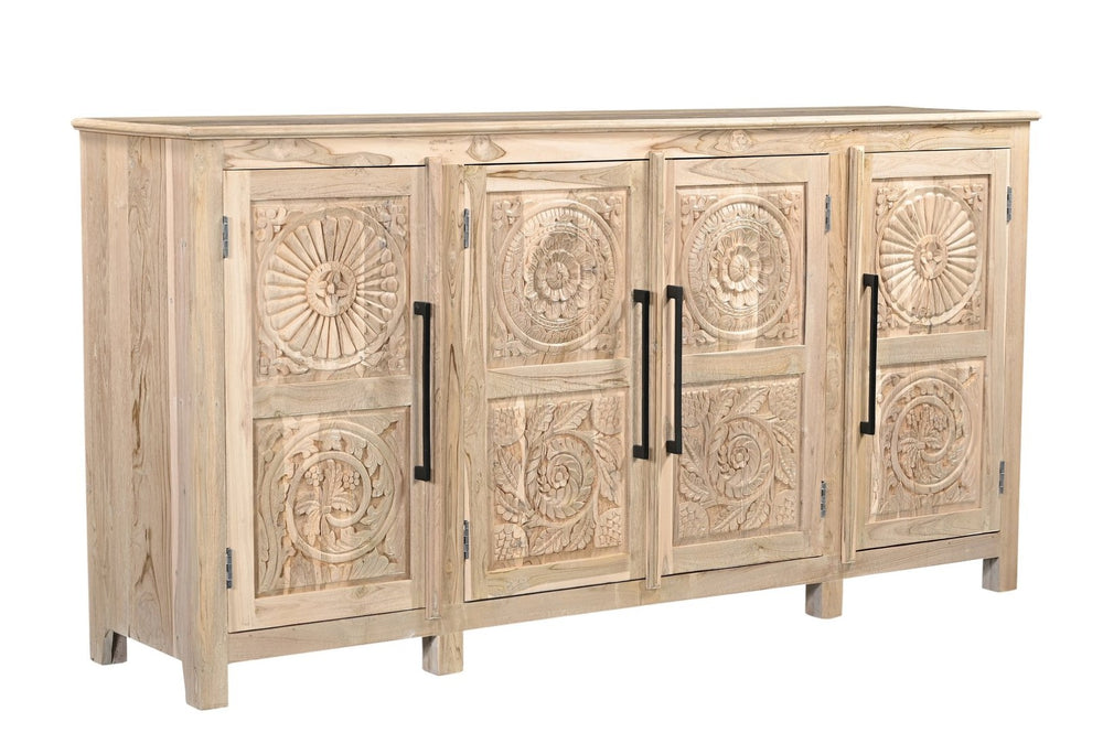 HomeRoots 74" Natural Distressed Solid Wood Sideboard with Hand-Carved Floral Doors for Timeless Elegance 634322