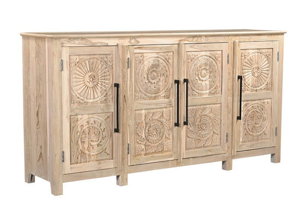HomeRoots 74" Natural Distressed Solid Wood Sideboard with Hand-Carved Floral Doors for Timeless Elegance 634322
