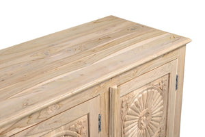HomeRoots 74" Natural Distressed Solid Wood Sideboard with Hand-Carved Floral Doors for Timeless Elegance 634322