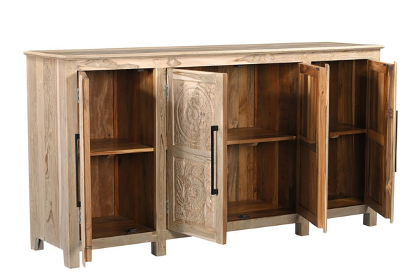 HomeRoots 74" Natural Distressed Solid Wood Sideboard with Hand-Carved Floral Doors for Timeless Elegance 634322