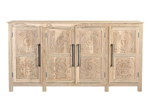 HomeRoots 74" Natural Distressed Solid Wood Sideboard with Hand-Carved Floral Doors for Timeless Elegance 634322