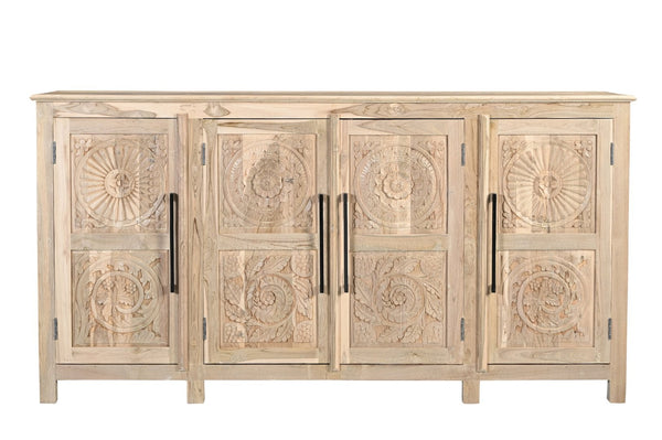 HomeRoots 74" Natural Distressed Solid Wood Sideboard with Hand-Carved Floral Doors for Timeless Elegance 634322