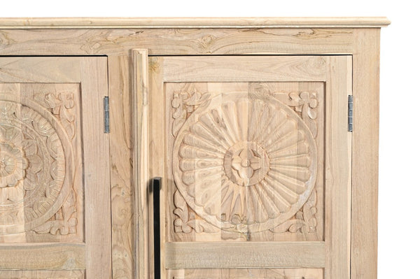 HomeRoots 74" Natural Distressed Solid Wood Sideboard with Hand-Carved Floral Doors for Timeless Elegance 634322