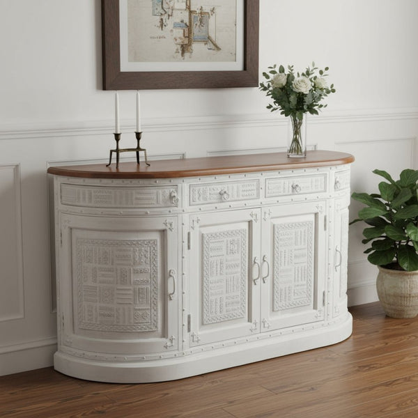 HomeRoots 69" Rustic Solid Wood Sideboard with Geometric Carvings, Ample Storage, and Vintage Two-Tone Finish 634324