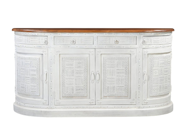 HomeRoots 69" Rustic Solid Wood Sideboard with Geometric Carvings, Ample Storage, and Vintage Two-Tone Finish 634324