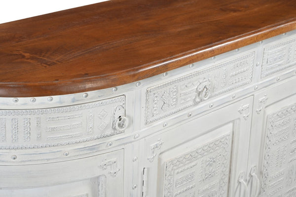 HomeRoots 69" Rustic Solid Wood Sideboard with Geometric Carvings, Ample Storage, and Vintage Two-Tone Finish 634324