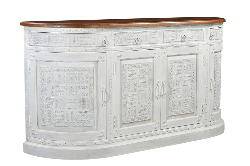 HomeRoots 69" Rustic Solid Wood Sideboard with Geometric Carvings, Ample Storage, and Vintage Two-Tone Finish 634324